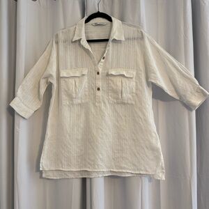ZARA Cream Striped Linen Blend Tunic Blouse 3/4 Sleeve Oversized Small
